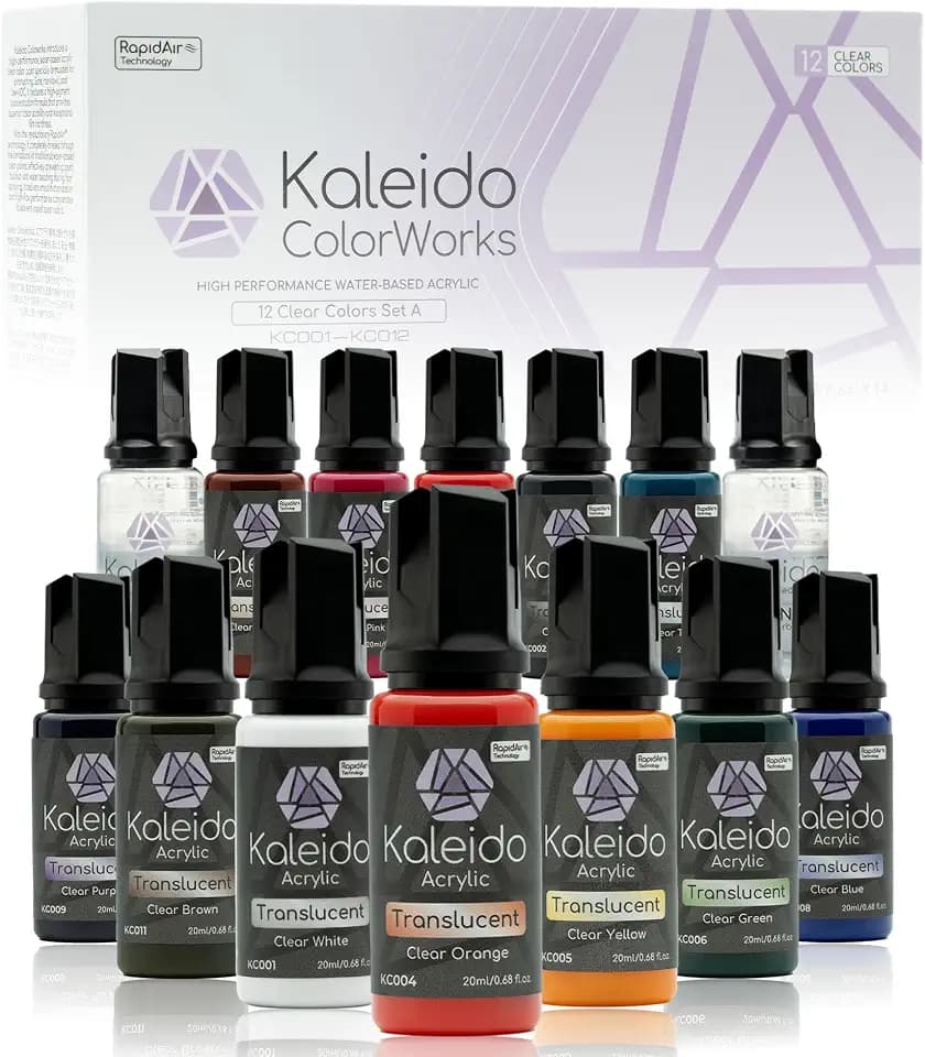 Gaahleri Kaleido Clear Colors 12-Color Set-Water-Based Acrylic Airbrush Paint Kit for Scale Models, Gundam, Gunpla,Mecha,Cars&Miniatures-Pre-Thinned, High Gloss, Fast-Drying, with Thinner&Cleaner