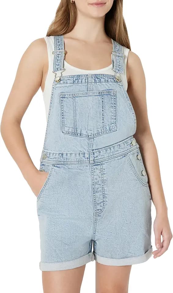 Amazon Essentials Women's Medium Stretch Relaxed-Fit Denim Short Overalls with Adjustable Straps