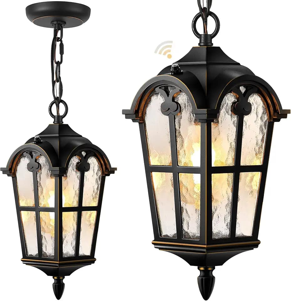 Dusk to Dawn Outdoor Pendant Light Lantern, Black(Gold Trim)