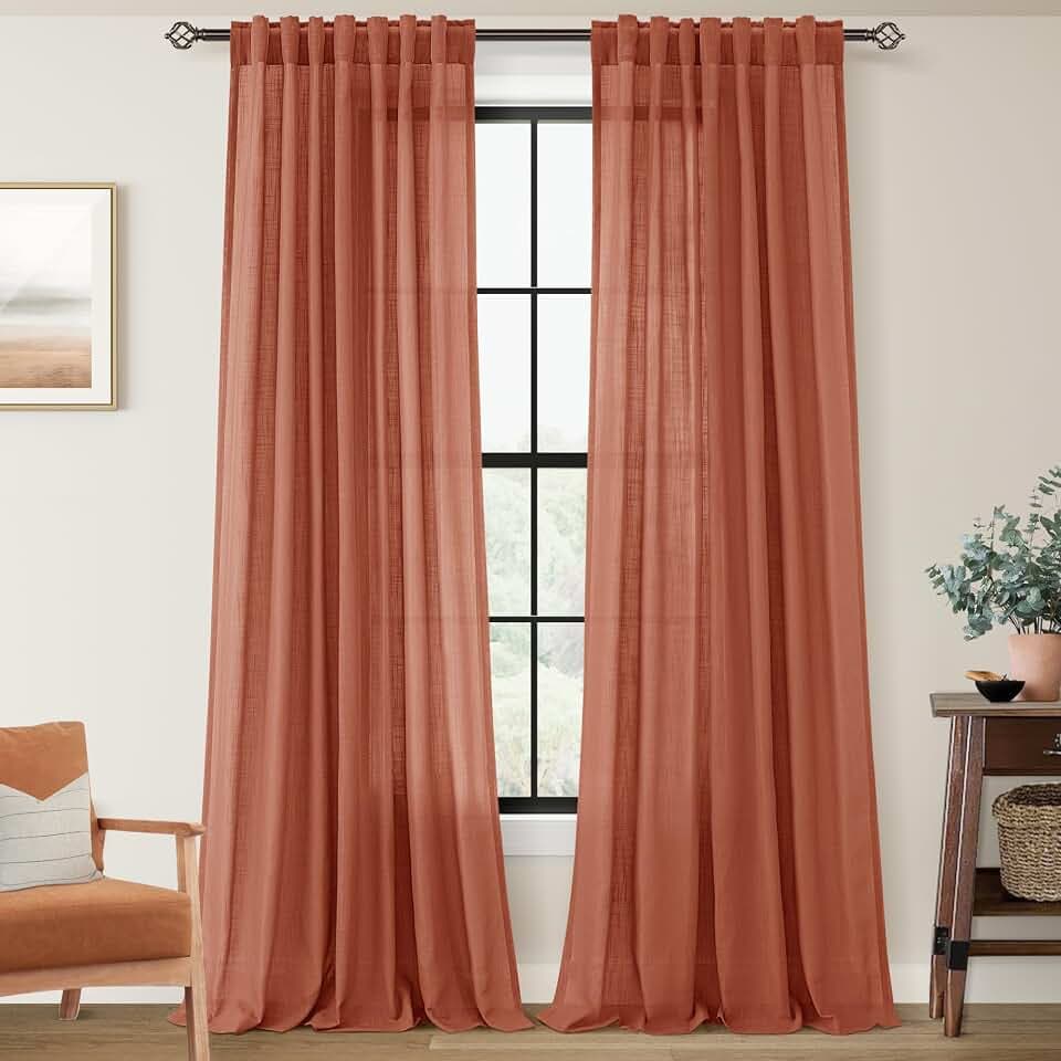 92 inch Linen Terracotta Curtains 2 Panels for Living Room Back Tab Light Filtering Semi Sheer Rust Colored Curtains 92 inches Long Soft Thick Cotton Cloth Textured Rustic Boho Farmhouse Room Decor
