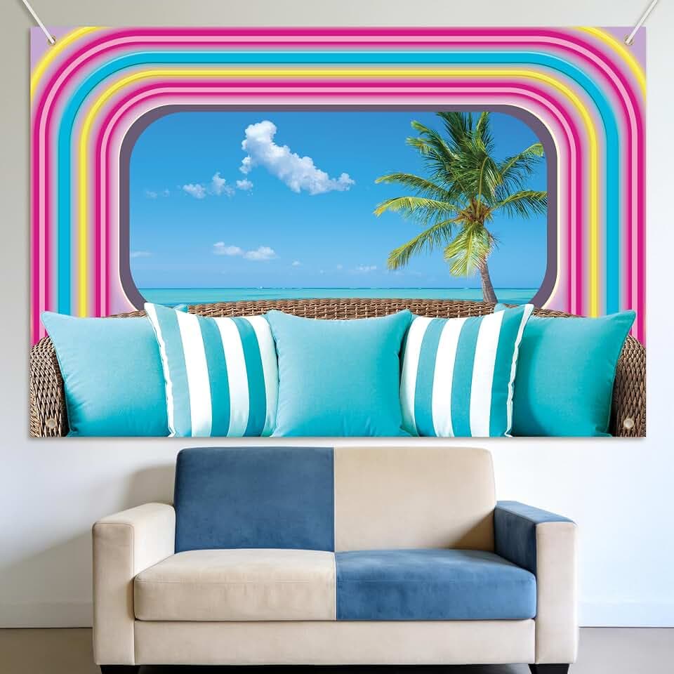 Tropical Island Villa Party Backdrop, Neon Beach Romance Love Theme Backdrop for Summer Birthday, Bachelorette Party Decorations