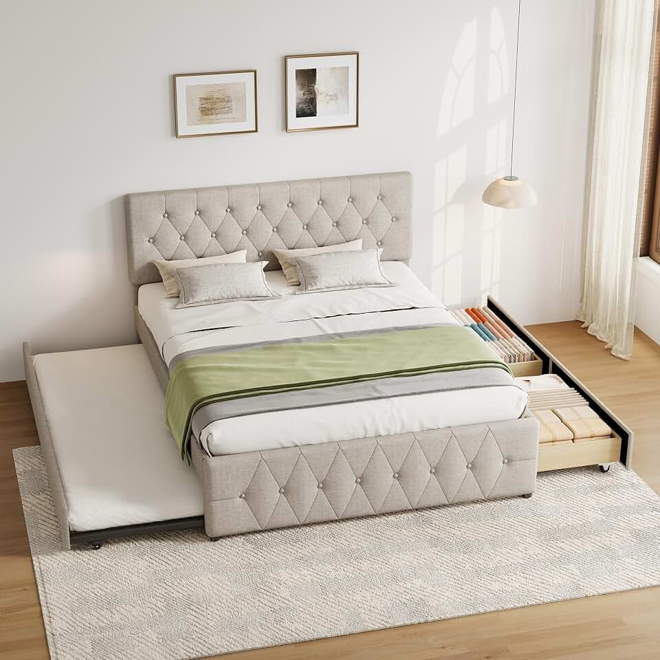 Queen Bed Frame with 2 Wood Storage Drawers & Pull‑Out Trundle Bed,Upholstered Platform Bed Frame Queen Size with Adjustable Headboard,Wooden Slats Support,No Box Spring Needed,Taupe