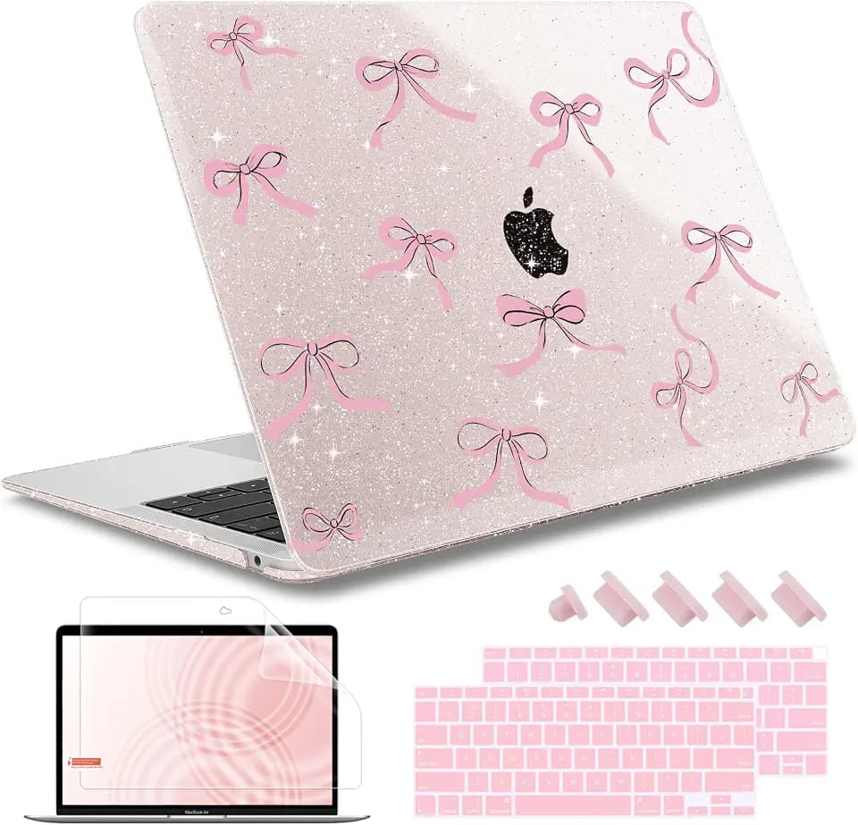 May Chen Compatible with MacBook Air 13 inch Case 2021, 2020 2019 2018 Release Model: M1 A2337 A2179 A1932, Plastic Hard Shell Case Cover with Keyboard Cover, Sakura Pink Glitter Bow