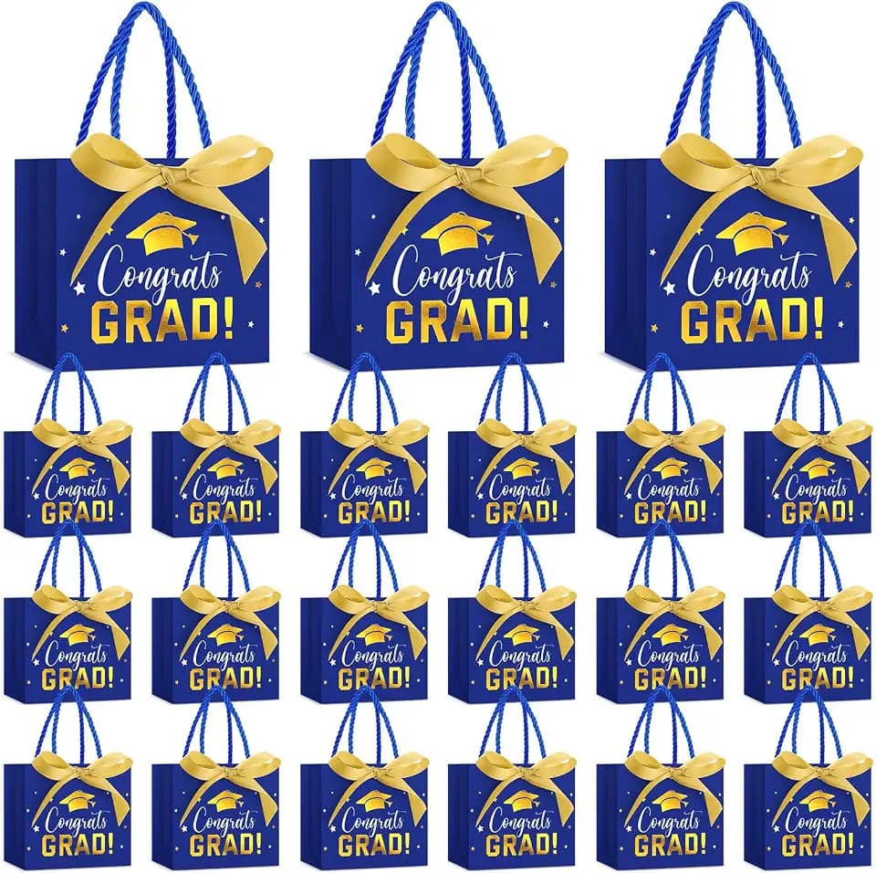 Jetec 45 Pack 2026 Graduation Gift Bags Bulk Small Congrats Bags with Handle and Bow Ribbon 5.5 x 4.7 x 2.5 Inch Grad Paper Treat Gifts Party Favor Supplies for College High School(Blue Gold)
