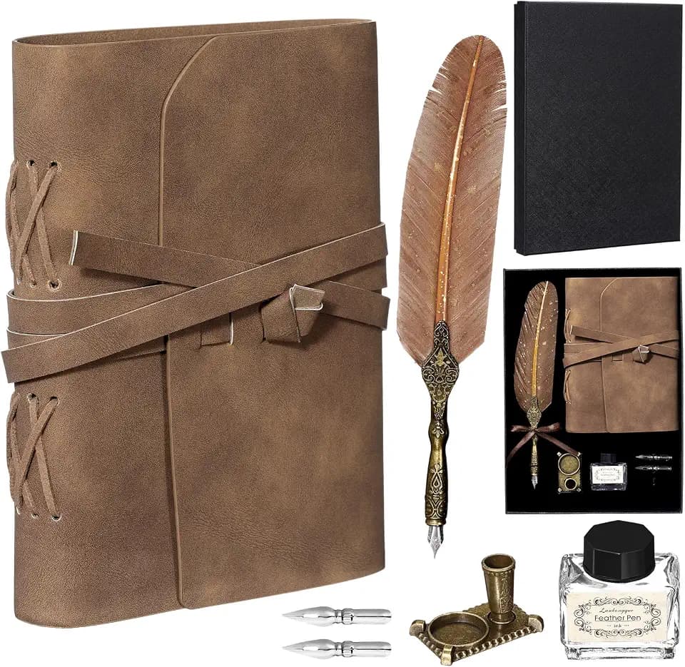 Mooliwe 6 Pcs Feather Quill Pen and Ink Set Vintage Journal 2 Nibs,Brown