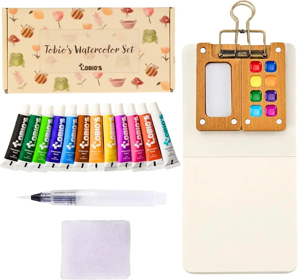 Tobios Mini Watercolor Kit, Travel Watercolor Set, Brush & Sketchbook