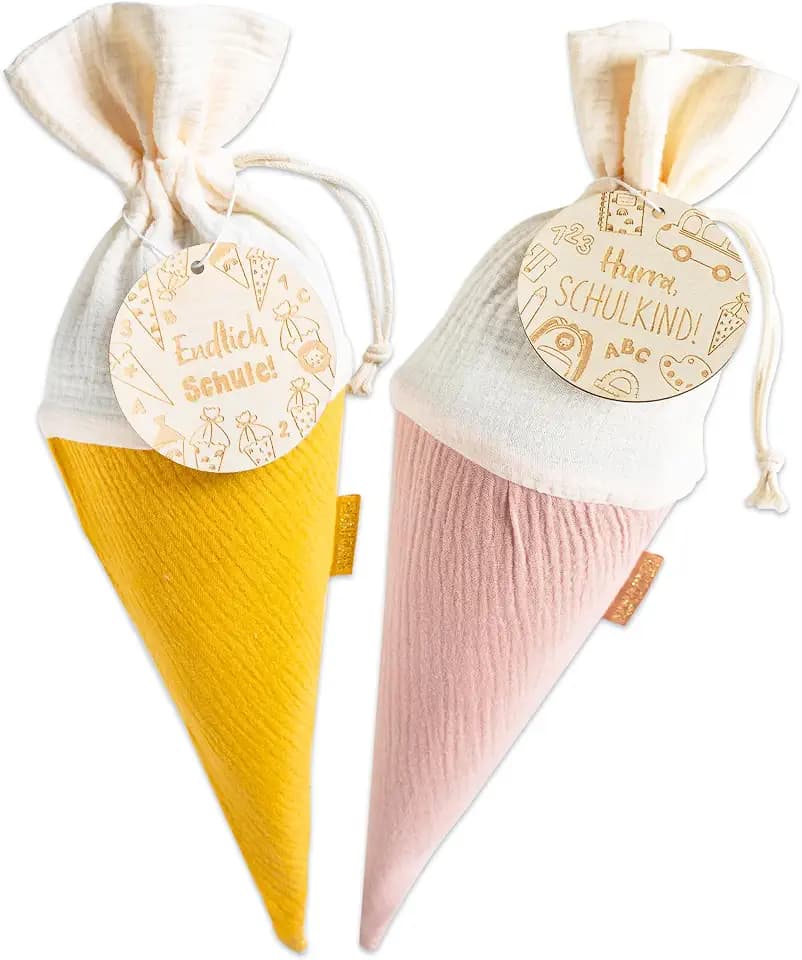 Papierdrachen 2 Schultüten Musselin Einschulung, Gelb-Rosa