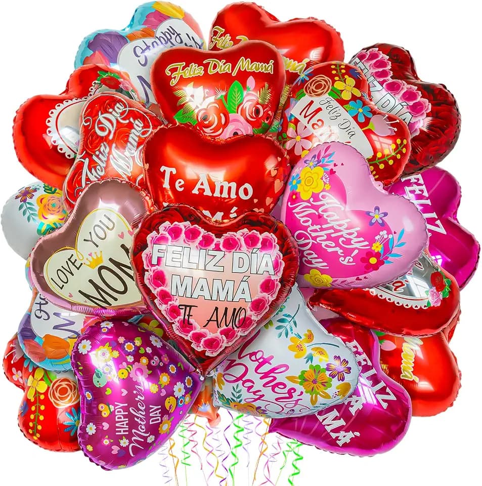 72Pcs Mother Day Foil Balloons, Happy Red Heart Mom Mylar Day Balloons for Best Mama Ever Mom Birthday Party Decoration