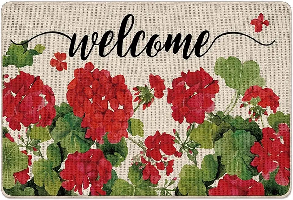 Welcome Spring Geranium Decorative Front Door Mat