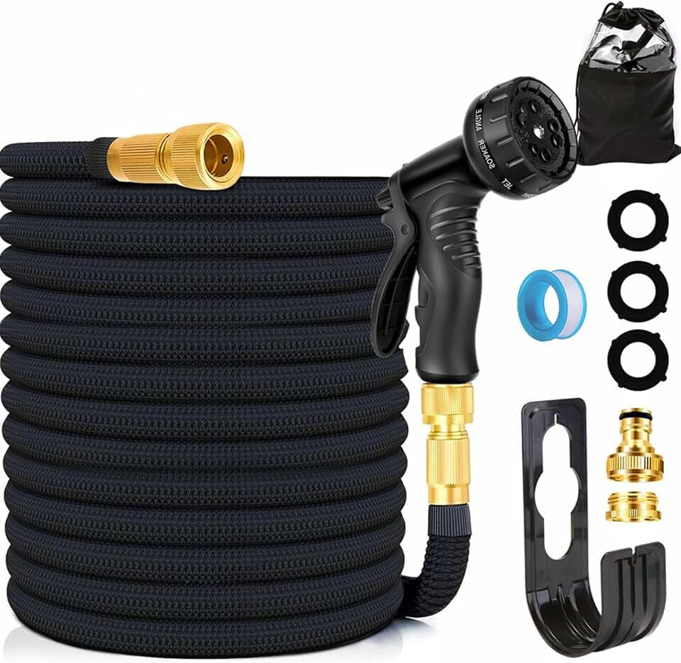 Latex-Expander-Gartenschlauch | Flexibler Wasser-Gartenschlauch mit 3/4" & 1/2" Metall-Anschlüssen | Knickfrei & Leicht | 10-Funktionen Spritzdüse für Gartenbewässerung, Autowäsche (100FT)