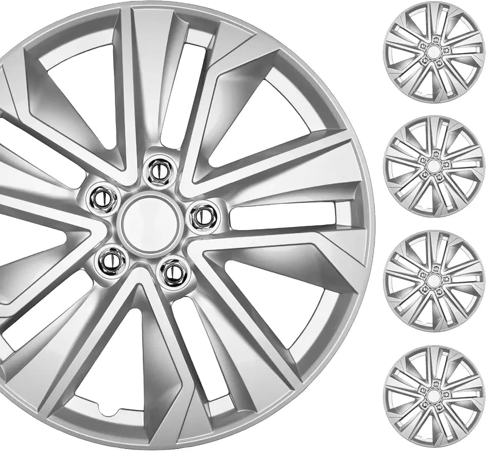 BDK 16 Inch Hubcaps Set of 4 – OEM Replacement Snap-On Wheel Rim Covers - Universal Fit Car Wheel Cover for Cars, Trucks, SUV, Vans Durable ABS Silver 10-Spoke Hub-Cap Car Accessories Exterior