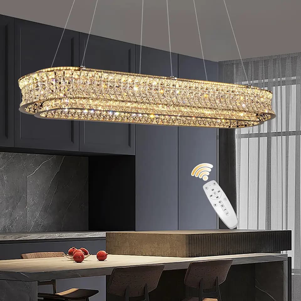 47" LED Chrome Rectangle Crystal Chandeliers for Dining Room, Luxury