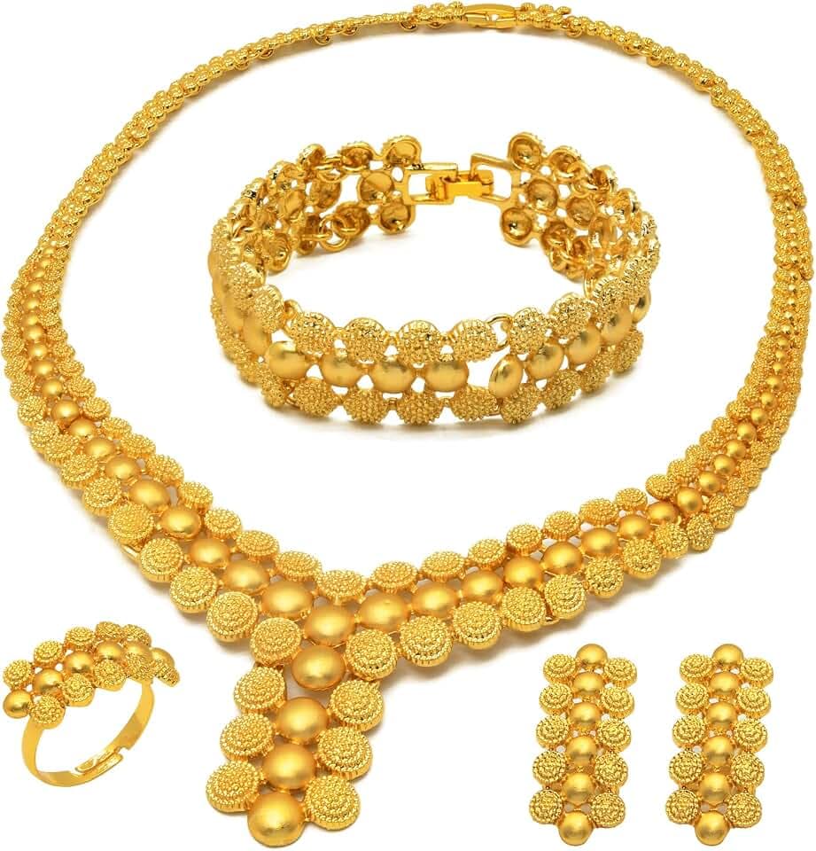Indian Bollywood Women Jewelry Sets 24K Gold Plated Dubai Gold Necklace Earrings Bangle Fashion Wedding Prom Jewelry Set