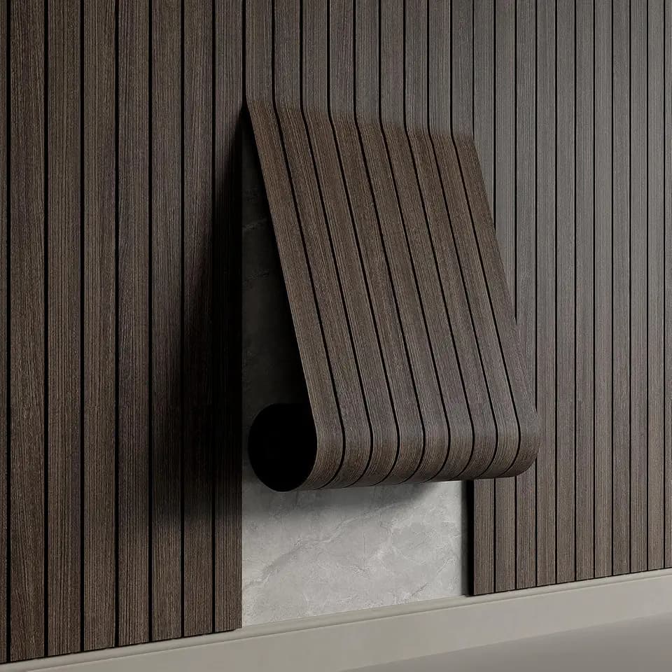 YU LI 3DH Peel and Stick PVC Slat Wall Panel 118"x15.75" Self-Adhesive Thick Faux Smoked Wood Grain Wallpaper Panel 3D Soundproof Wall Panels for Walls & Ceilings