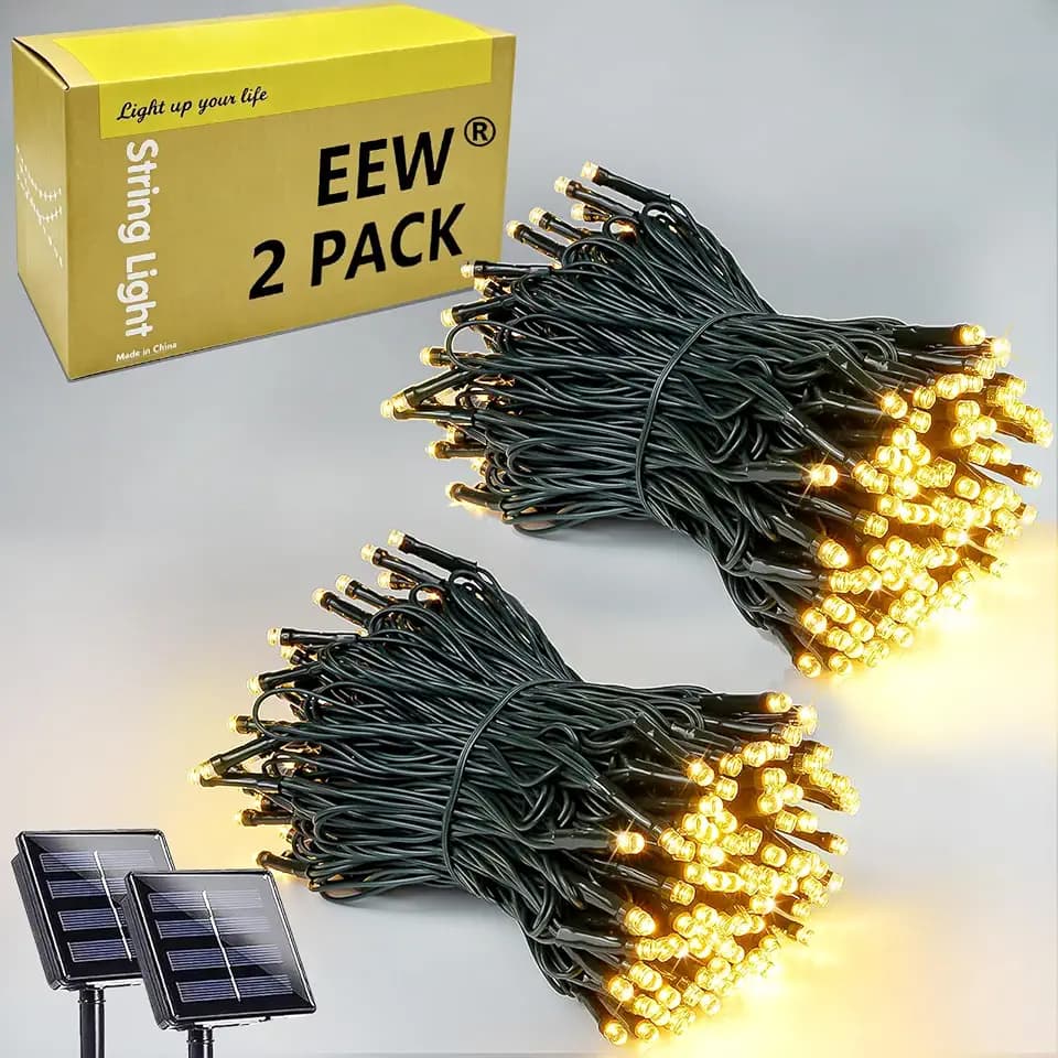 2 Pack Solar String Lights Outdoor 200 LED 66FT Christmas Lights Warm White