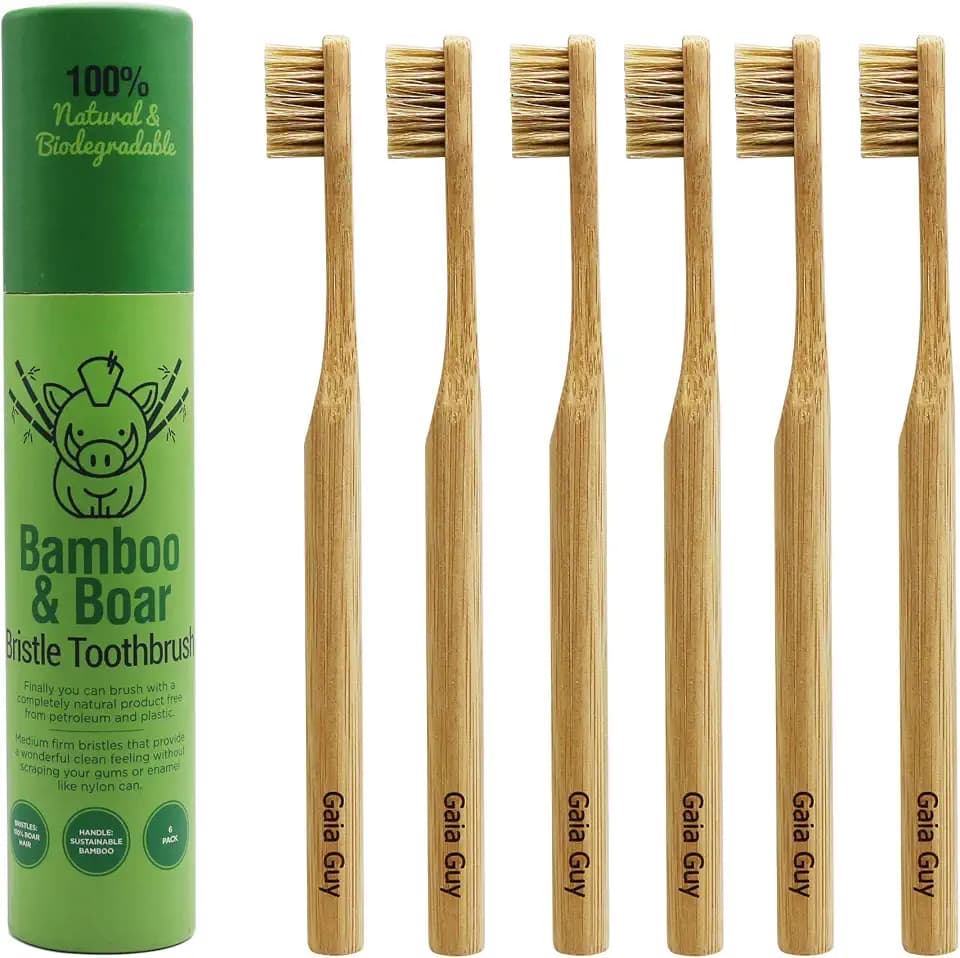 Gaia Guy Natural Bristle Bamboo Toothbrush (NO Nylon - Boar Hair ONLY) - Totally Compostable & Biodegradable Boar Bristle and Bamboo Toothbrushes - Zero Waste - 6-Pack