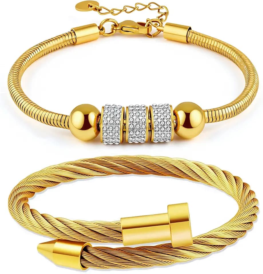 2PCS 18K Gold Plated Nail Bangle & Chain Bracelet Set for Women, Adjustable Stackable Bangle Jewelry, Dainty Gold Bracelet Gift for Women