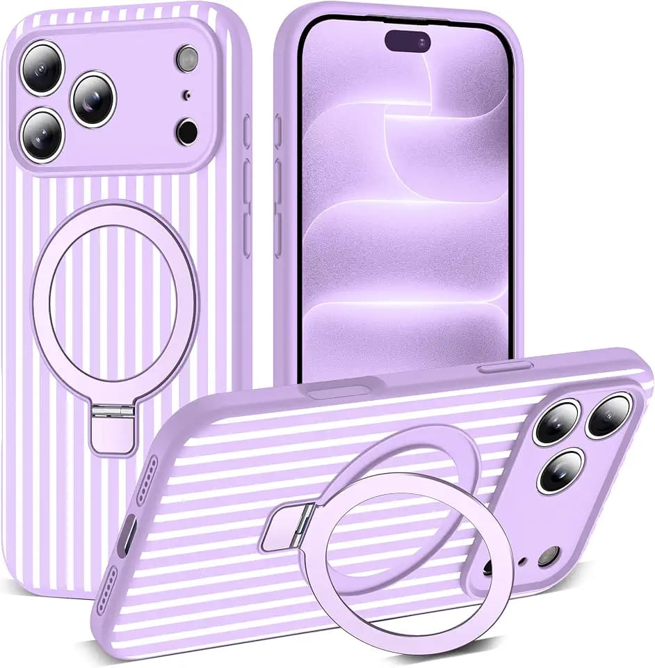 SKYLMW Striped Case for iPhone 18 Pro with Stand,6.3" Light Purple/White