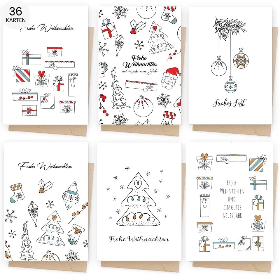 36 Weihnachtskarten mit Umschlag set, A6 Christmas Falzkarten mit Einzigartigem Spruch, Neujahrskarten 2025 für Familie, Freunde, Kollegen & Geschäftskunden