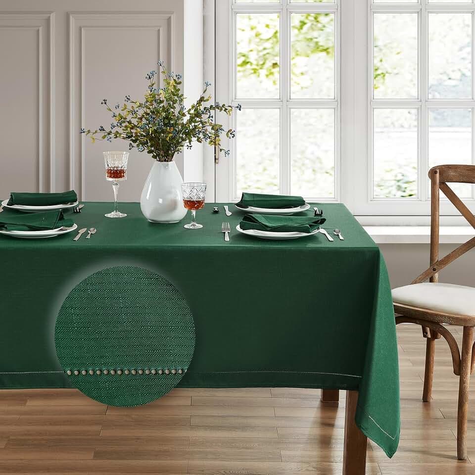 Elrene Home Fashions Alison Eyelet Border Design Wrinkle Resistant Fabric Tablecloth, 60"x102" Rectangle, Forest