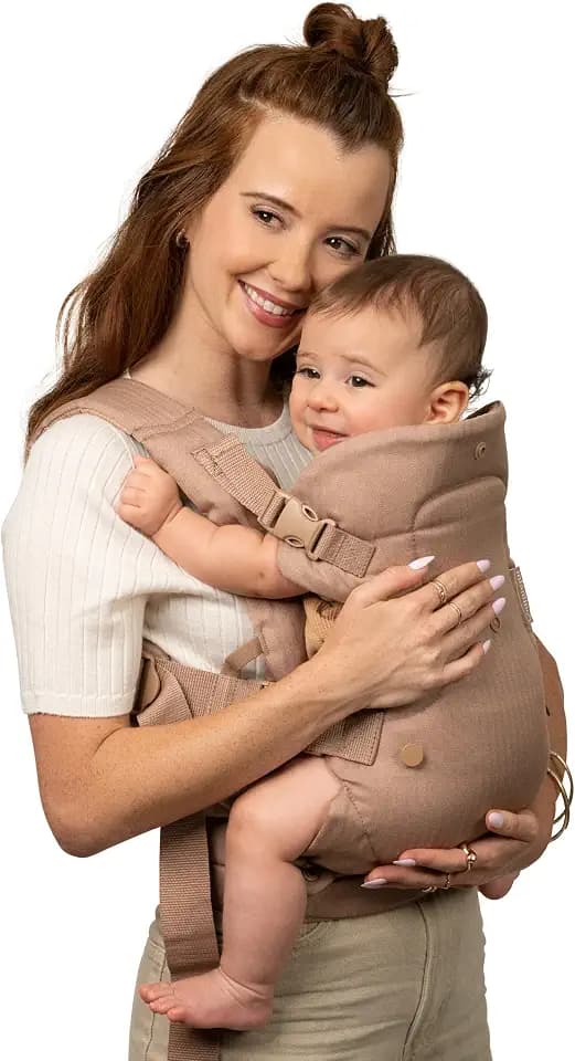 Infantino Flip Luxe 4-in-1 Babytrage, ergonomische Trage von Neugeborenen bis Kleinkind, verbesserte Lendenstütze, hochwertiger Fischgrätstoff, edle Details, freihändiger Komfort, 3,2–16 kg, Affogato