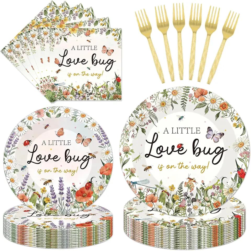 Love Bug Baby Shower Plates Napkins and Forks, 96Pcs Ladybug Paper Disposable Tableware Set, A Little Love Bug is on the Way Baby Shower Birthday Party Supplies, Serve 24 Guests