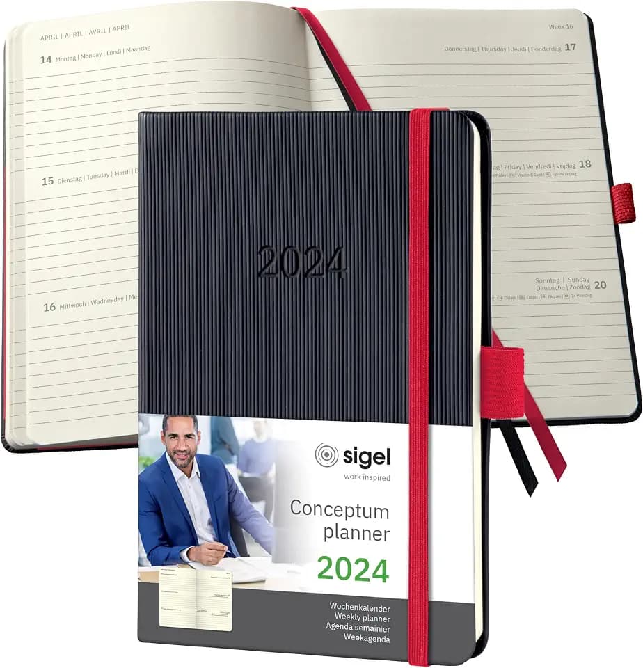 SIGEL C2509 Wochenplaner Wochenkalender 2025, ca. A6, schwarz, rot, Hardcover, 176 Seiten, Gummiband, Stiftschlaufe, Archivtasche, aus nachhaltigem Papier, Conceptum