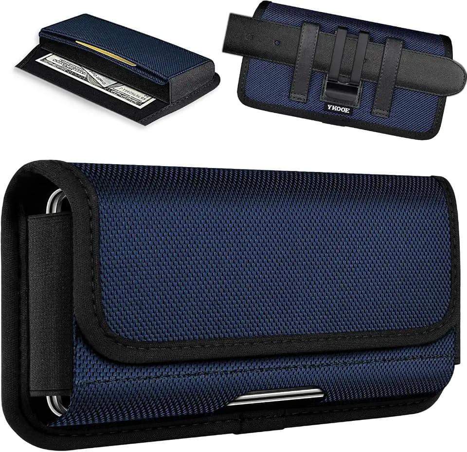 ykooe Rugged Nylon Holster Compatible with iPhone 17 16 15 14 13 12 & Pro Models, Galaxy S25, S24, S23, S22,S21 Cell Phone Belt Holder for Men, Blue - L