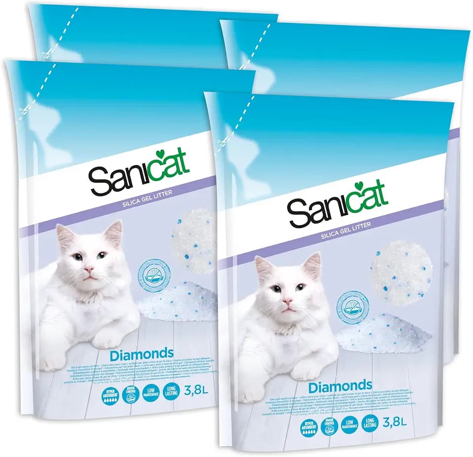 Sanicat - Saugfähige Katzentoilette mit Kieselgelperlen - parfümfrei | feines, Flauschiges Granulat mit hoher Saugfähigkeit und Geruchskontrolle | Füllmenge 4 x 3,8 L