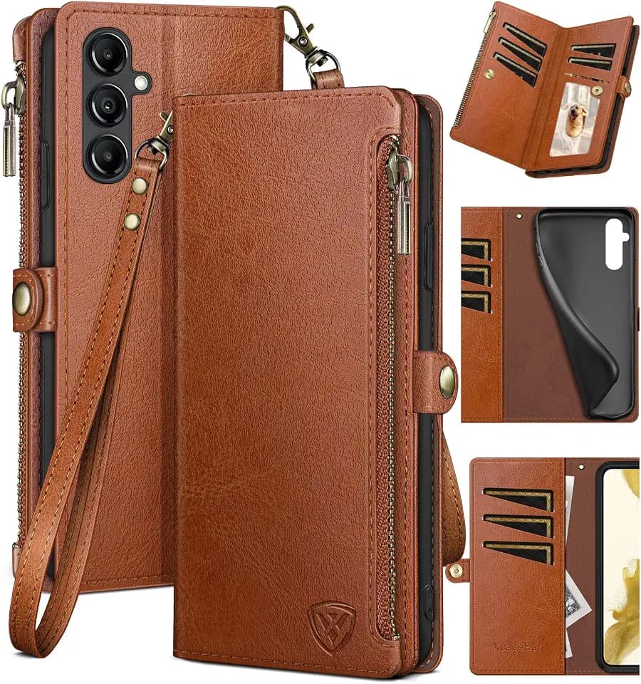 XcaseBar for Samsung Galaxy A14 5G Wallet case with Zipper Credit Card Holder 【RFID Blocking】, Flip Folio Book PU Leather Phone case Shockproof Cover Women Men for Samsung A14 case Light Brown