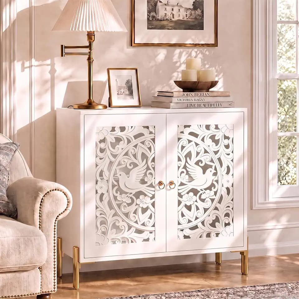 DHZ Accent Cabinet with Doors, Hollow-Carved Pattern Buffet Cabinet with Storage, Freestanding Sideboard Cabinet for Living Room Dining Room Entryway