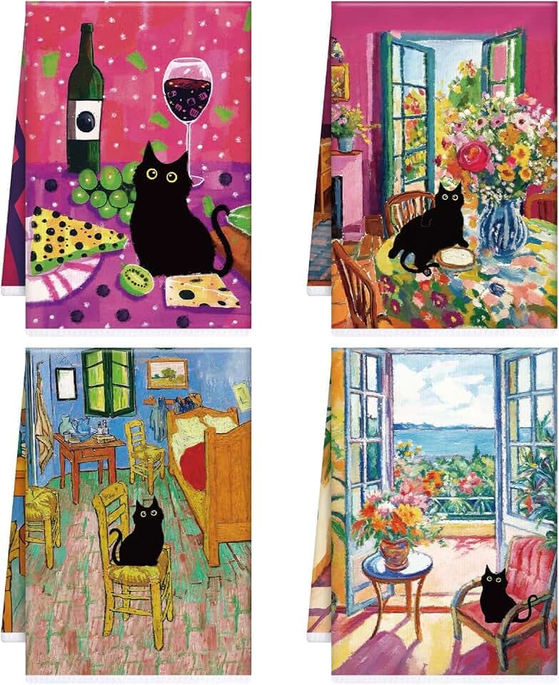 Black Cat Kitchen Towels Set of 4, Absorbent Cat Flower Hand Towel