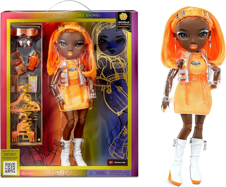 Rainbow High Modepuppe – Michelle ST.Charles - Orangefarbene Puppe – Modisches Outfit & 10+ farbenfrohe Spiel-Accessoires - Für Sammler und Kinder im Alter von 4-12 Jahren