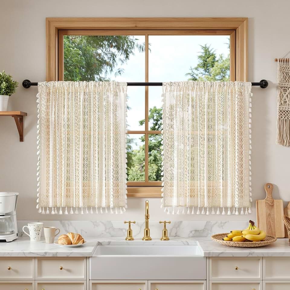 Anmao Boho Curtains Crochet Lace Semi-Sheer Hollow Out Knitted Tassels Curtain 36 Inch Length 2 Panels Set for Living Room, Vintage Bohemian Light Filtering Rod Pocket Drapes, (W52xL36, Cream Beige)