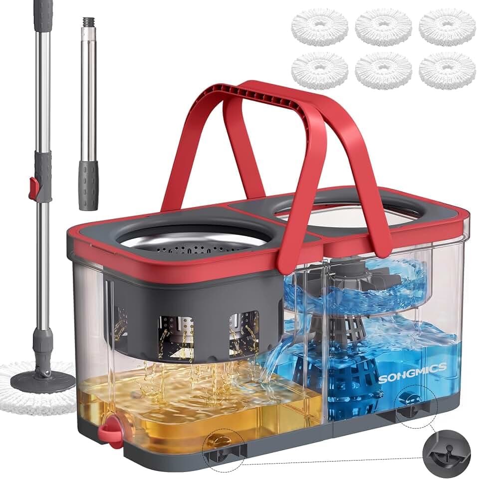 SONGMICS Spin Mop and Bucket Set, 6 Washable Microfiber Mop Heads, Wheels