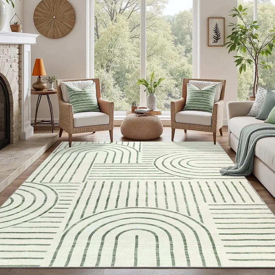 DCX Abstract Washable 5x7 Rug, Non Slip Low Pile Rug, Green