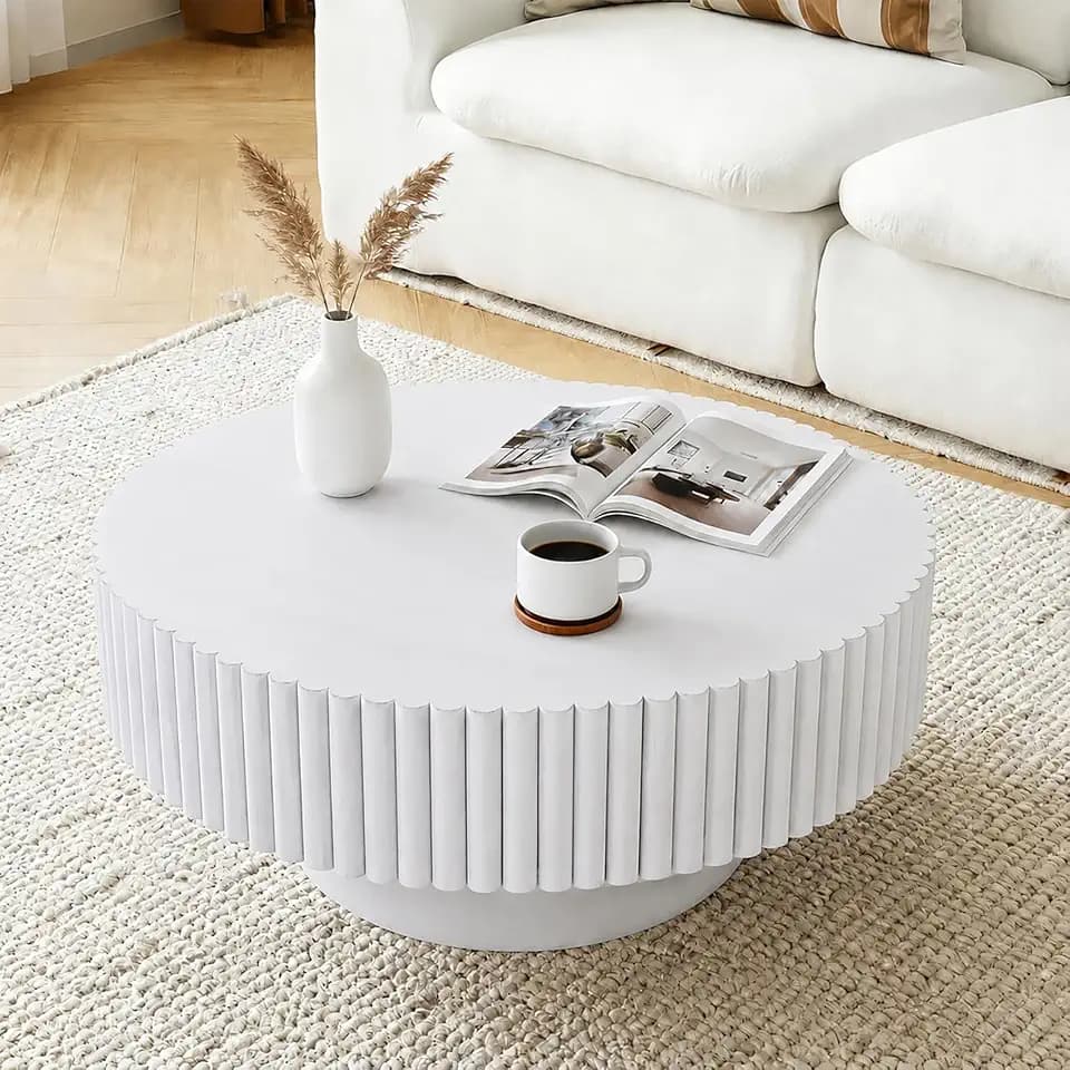 Rovibek Fluted Round Coffee Table, 31.5" Wooden Coffee Table with Base