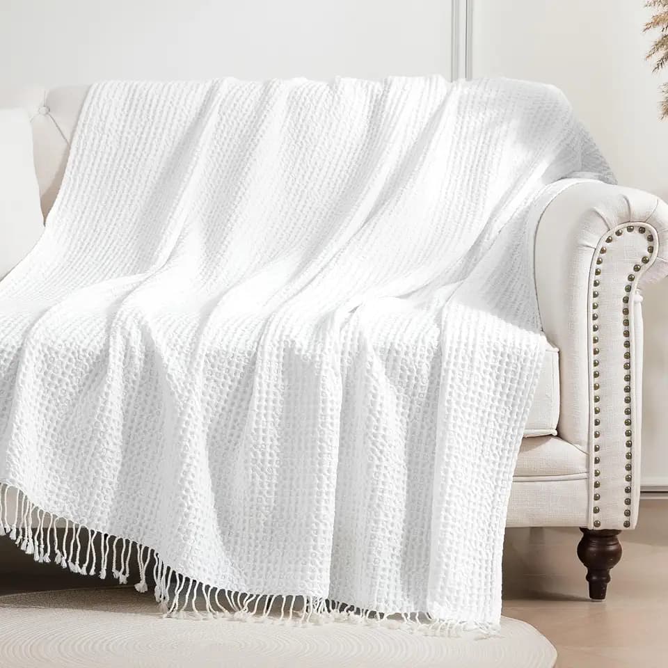 Sonive Baumwolle Waffledecke Kuscheldecke 127x152cm Weiß