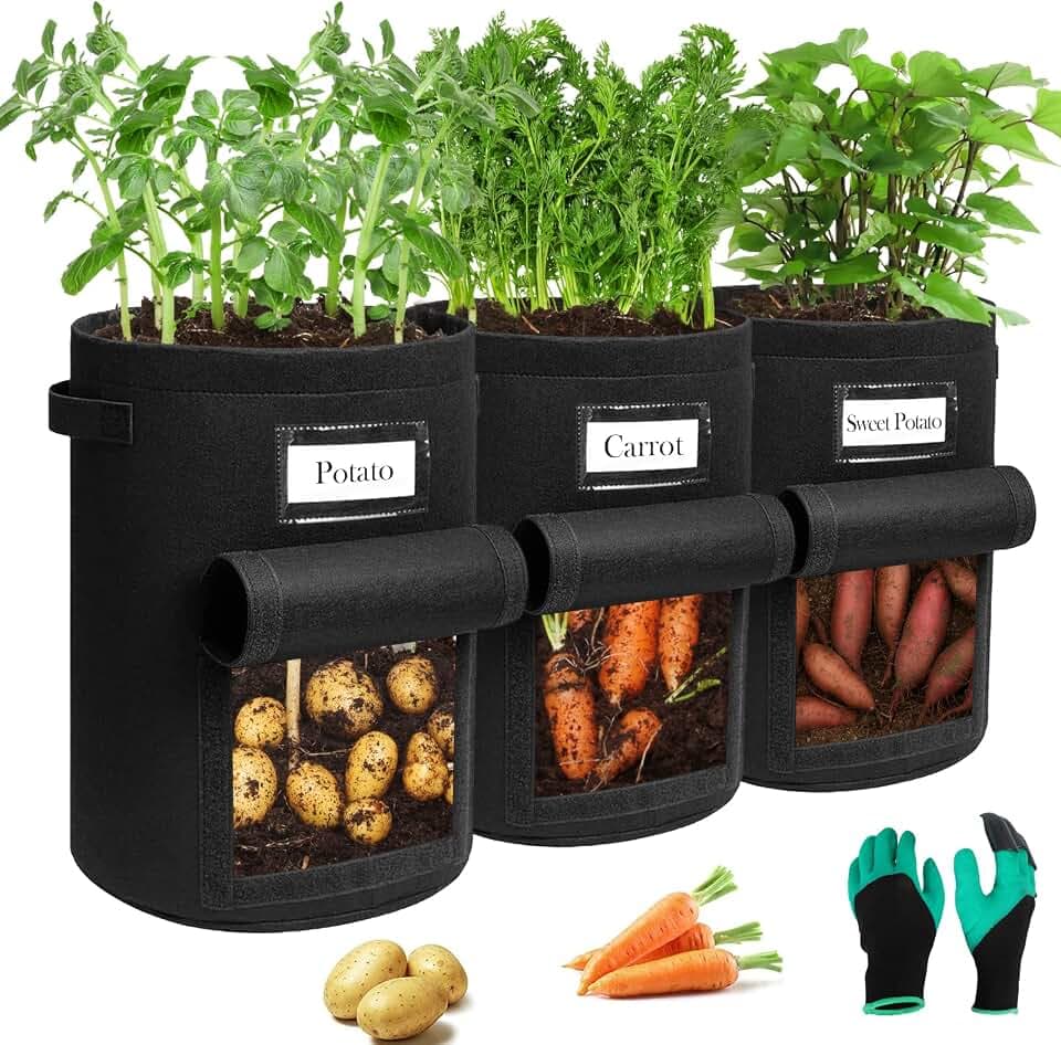 3-Pack 10 Gallonen Kartoffel Pflanzsack, Pflanzbeutel mit Stabilen Griffen und Visualized Flap, Verdickte und Atmungsaktive Vliestöpfe mit Gartenhandschuhe für Tomaten, Kartoffeln
