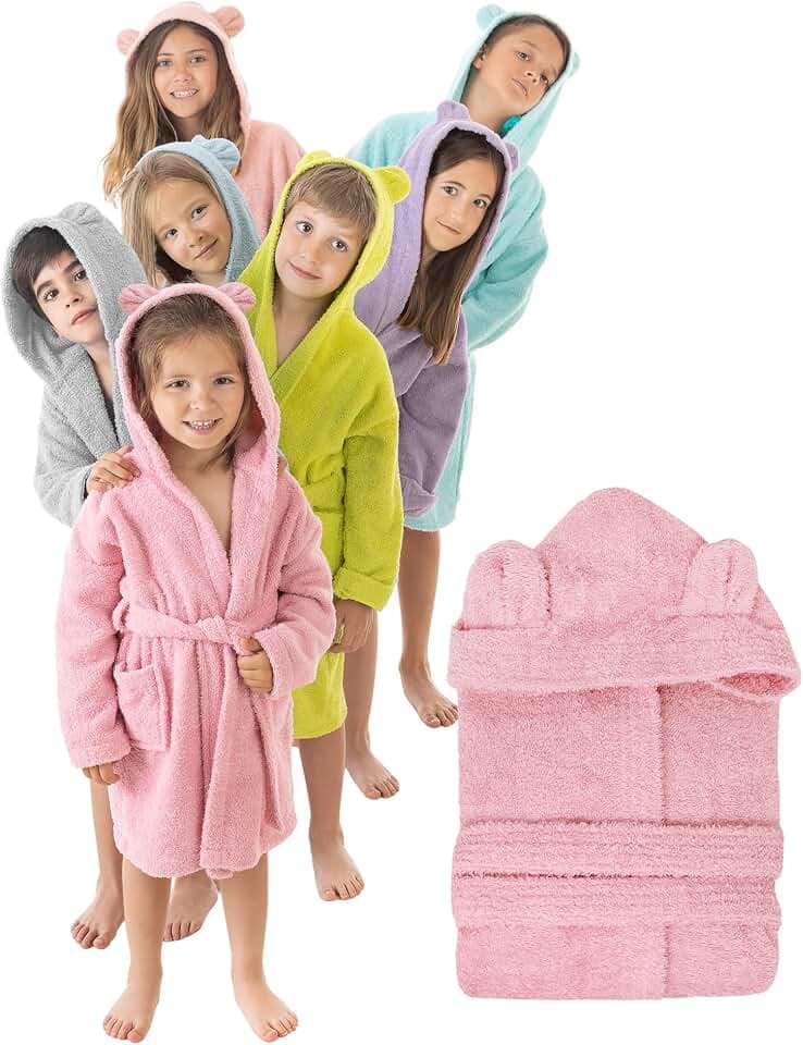 LEBENGOOD Bademantel für Kinder, Mädchen, Unisex, Kinder mit Ohren, 100% Baumwolle, Oeko-Tex®, 2 Taschen, Gürtel, Kapuze