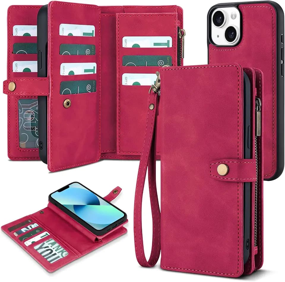 TwoHead for iPhone 13 Wallet Case with 11 Card Holders,Wine Red