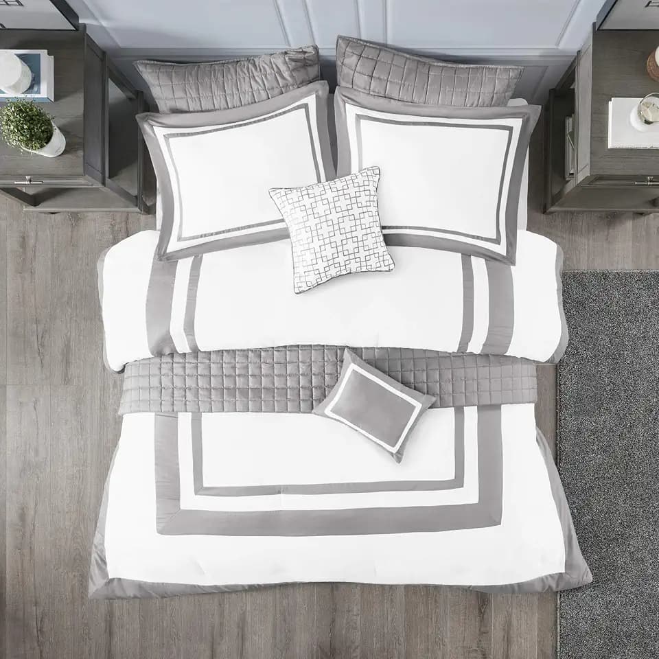 Madison Park Luxe Hotel Comforter Set with Quilt, Grey, King/Cal King,8pc