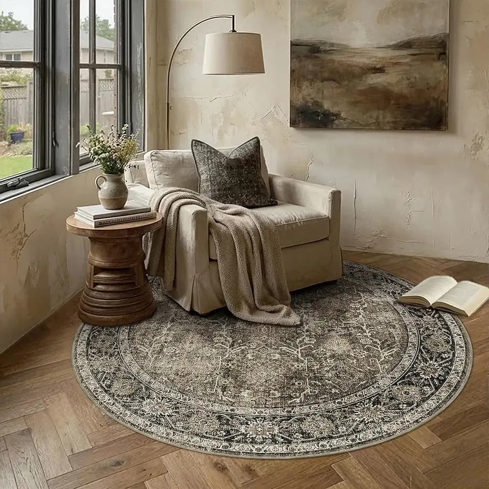 PureCozy Brown Round Area Rug 5ft Vintage Traditional Distressed
