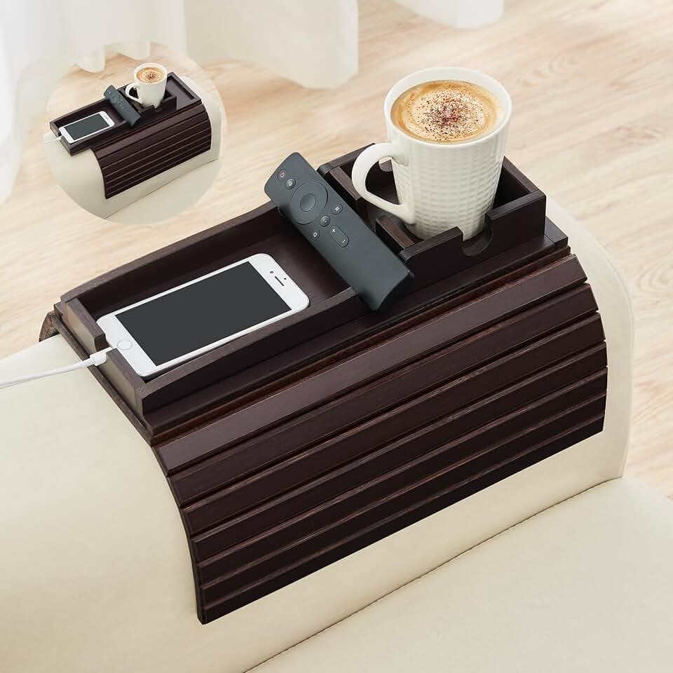 GEHE Detachable Couch Cup Holder, Anti Falling Sofa Arm Tray, Natural Bamboo Sofa Cup Holder More Safe for You Family, Portable Couch Arm Tray Armrest Table for Remote, Snacks, Phone, Drinks