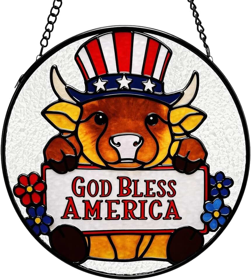 Nacome Highland Cow Stained Glass Window Hanging: Birthday Fathers Gifts for Mom Women Grandma - Colorful Sun Catchers Patriotic American Flag Glass Panel Suncatcher for Indoor Outdoor Decor(6.3in)