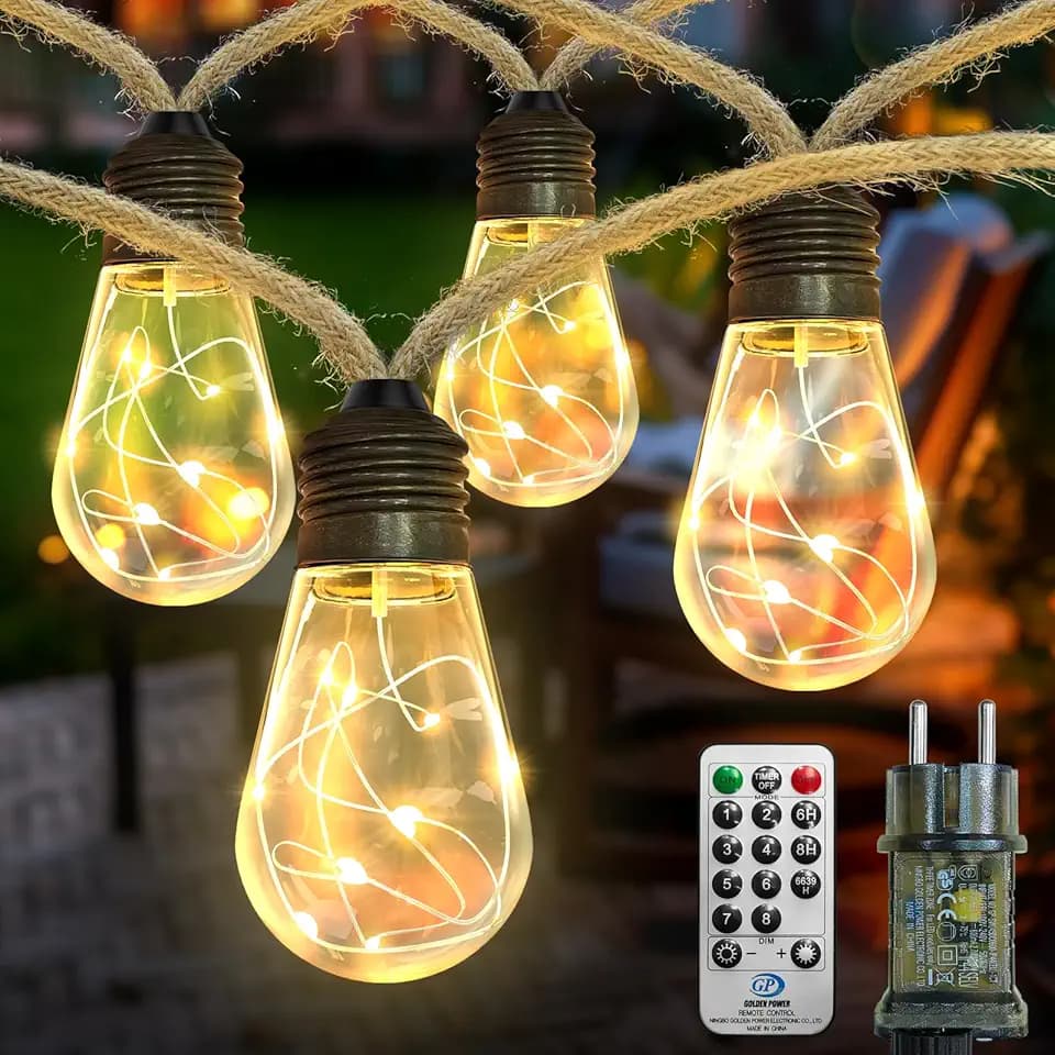 AGOTD LED Lichterkette Außen und Innen, 6M Vintage Lichterkette Strom mit Hanfseil, 20 LED Glühbirnen Lichterketten 8 Modi Deko für Gärten Party Balkon Hochzeit Zimmer Café Deko (Warmweiß)