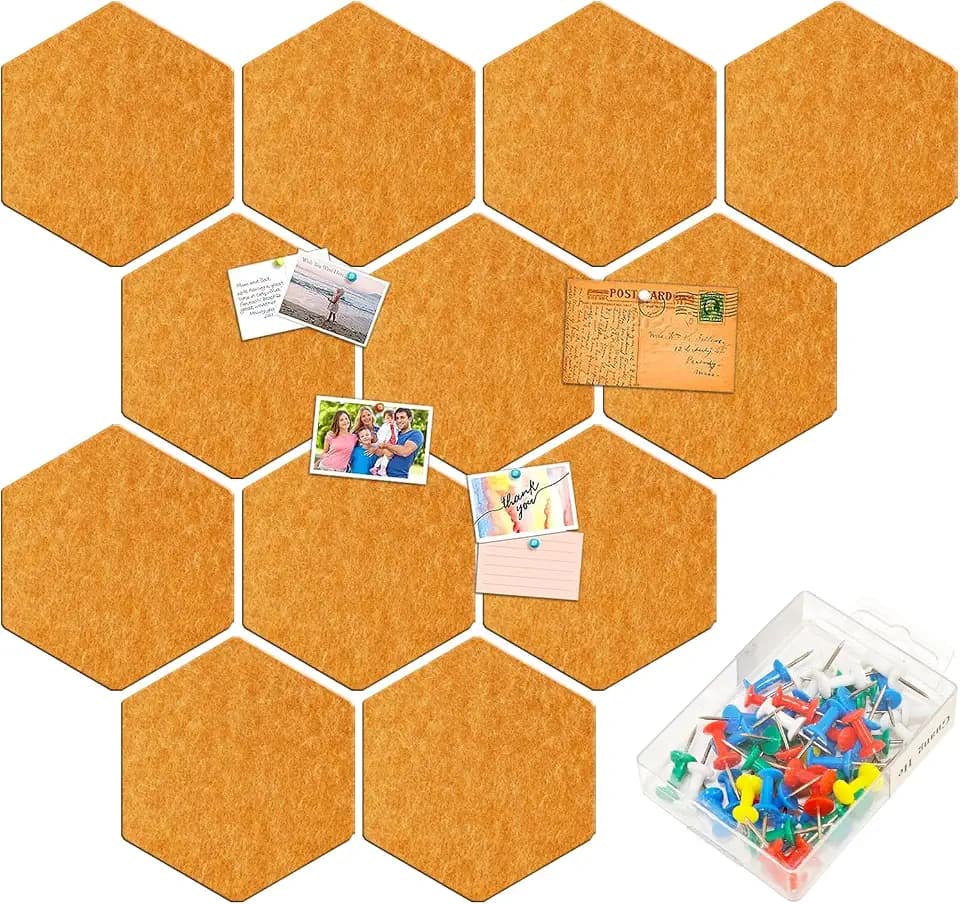 Gute Felt Pin Boards, Packung von 12 sechseckigen selbstklebenden Korkplatten, 22 x 19 cm groß, DIY Memo Boards für Fotos, Zeitpläne, Bulletin Board für Klassenzimmer, Büro, 50 Push Pins（Orange）