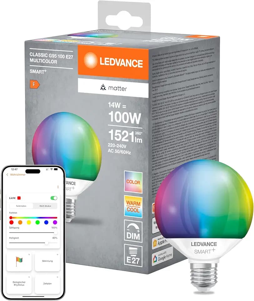 LEDVANCE SMART+ MATTER LED-Lampe, kompatibel mit Google, Alexa, Apple, weiße Frost-Optik, 14W, 1521lm, E27, Farblicht & Weißlicht, App- oder Sprachsteuerung, bis zu 20.000 Std. Lebensdauer,single pack