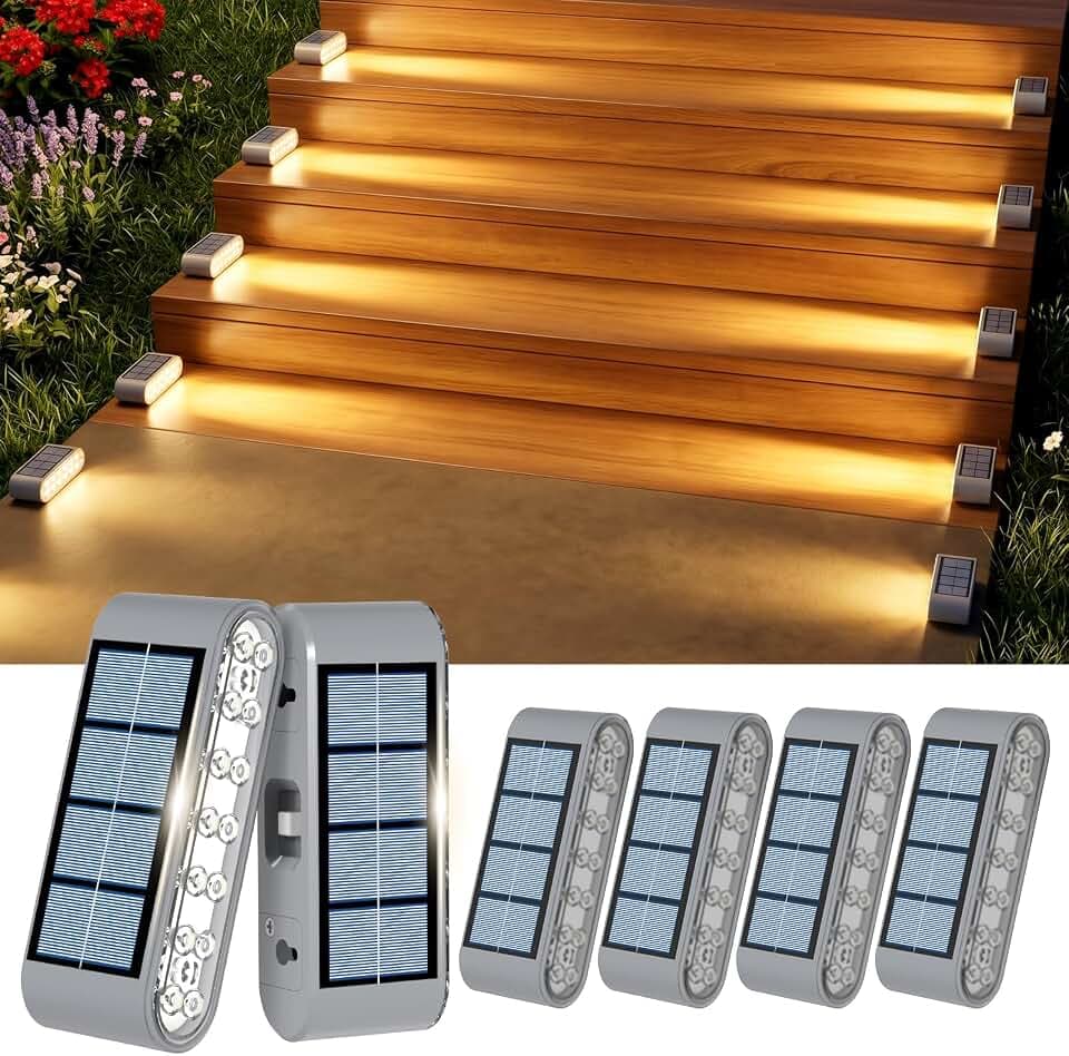 Solar Step Lights for Outside, 6-Pack Stair Light Outdoor Waterproof IP67, 14 LED Warm White Light Solar Powered Lighting for Steps, Stairs, Deck，Patio, Walkway, Front Porch Decor