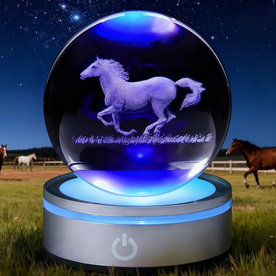 Pferde Geschenke, Pferd Nachtlicht, 3D-K9-Kristallkugel-Lampe (80 mm) mit Fernbedienung, 16 RGB-Farben, Timer, Dimmer zum Geburtstag Weihnachten, coole, Geschenke zur Zimmer-Dekoration